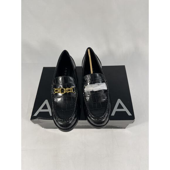 AQUA Perle Shoes Women's SZ 6 Black Croc Embossed Loafer Gold Chain Slip On - Picture 2 of 7